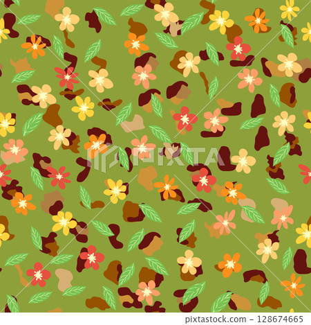 Leopard print with flowers and palm leaves. 128674665