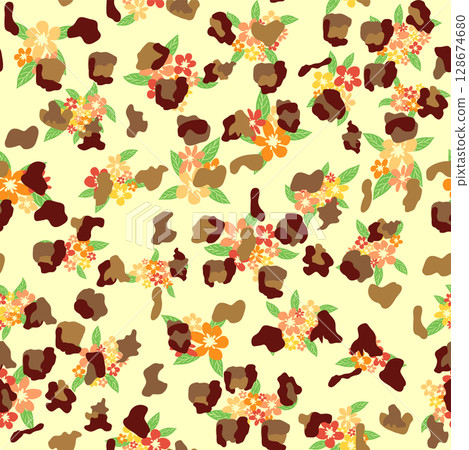Leopard print with flowers and palm leaves. Leopard print with flowers and palm leaves. 128674680