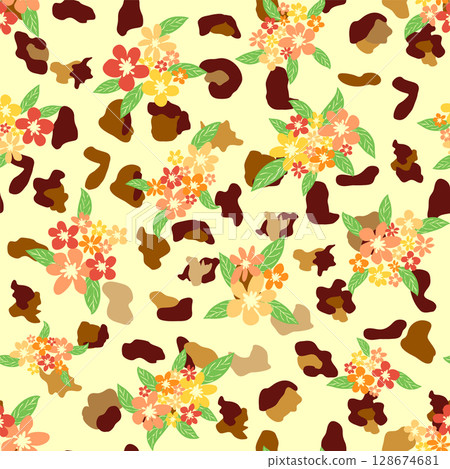 Leopard print with flowers and palm leaves. Leopard print with flowers and palm leaves. 128674681