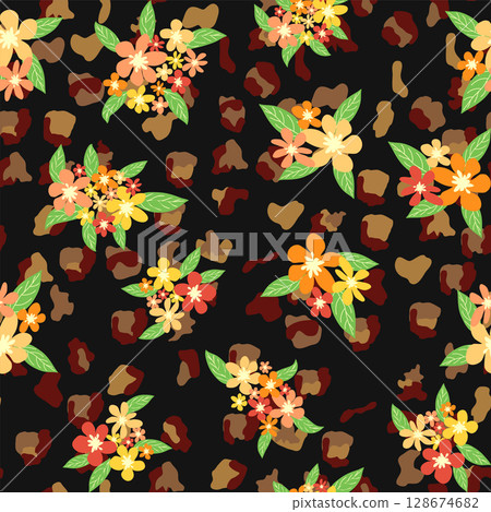 Leopard print with flowers and palm leaves. 128674682