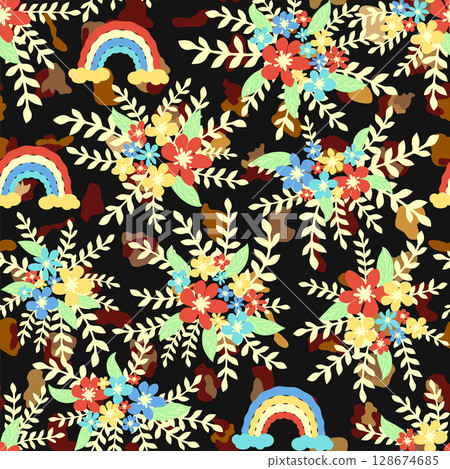 Leopard print with flowers and palm leaves. Leopard print with flowers and palm leaves. 128674685