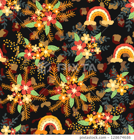 Leopard print with flowers and palm leaves. Leopard print with flowers and palm leaves. 128674686