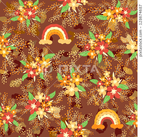 Leopard print with flowers and palm leaves. Leopard print with flowers and palm leaves. 128674687