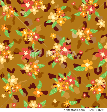 Leopard print with flowers and palm leaves. 128674695