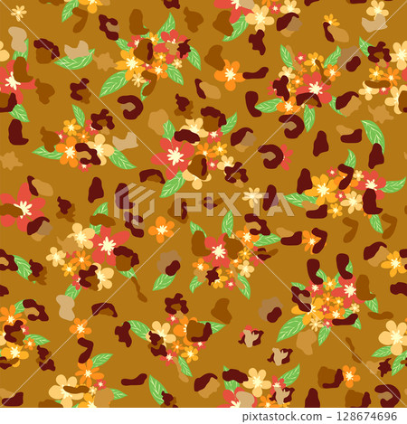 Leopard print with flowers and palm leaves. 128674696