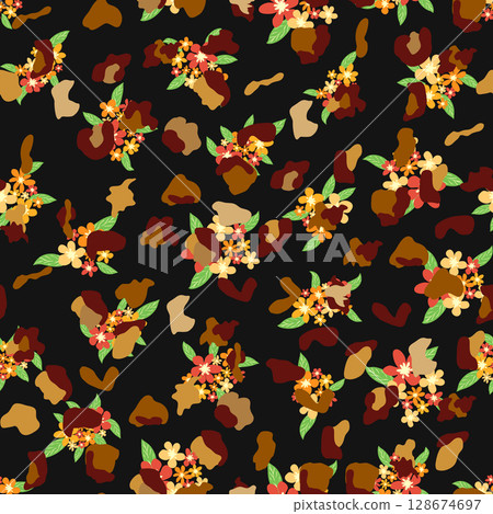 Leopard print with flowers and palm leaves. 128674697