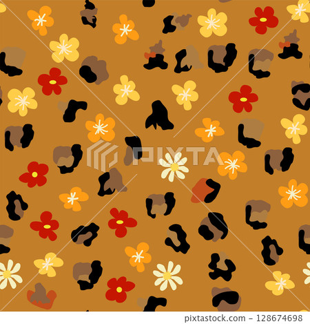 Leopard print with flowers and palm leaves. 128674698
