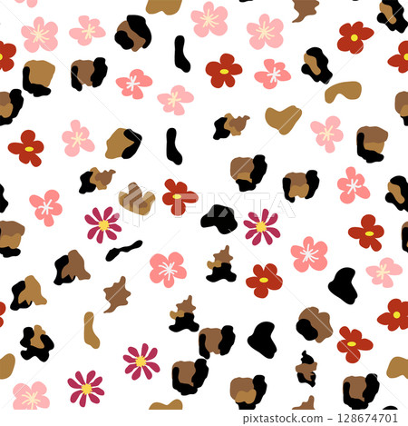 Leopard print with flowers and palm leaves. 128674701