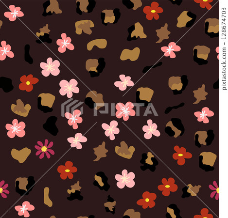 Leopard print with flowers and palm leaves. Leopard print with flowers and palm leaves. 128674703
