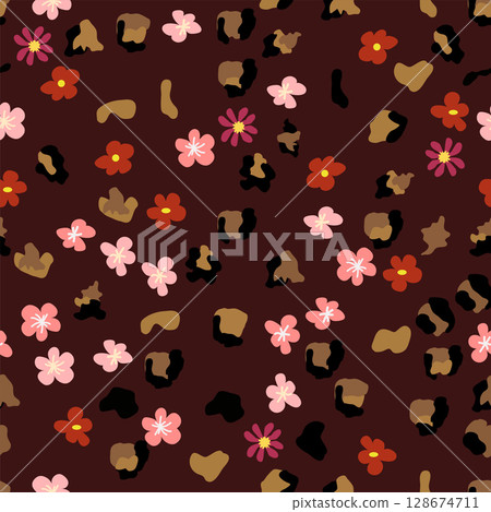 Leopard print with flowers and palm leaves. Leopard print with flowers and palm leaves. 128674711