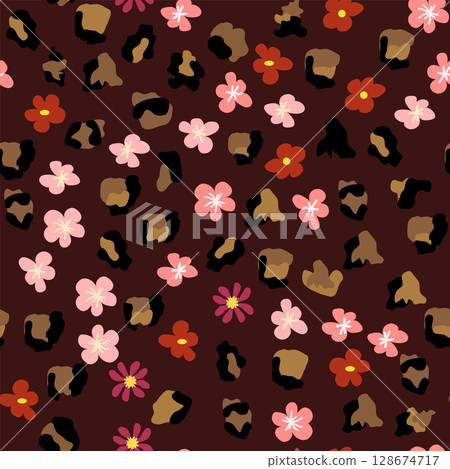 Leopard print with flowers and palm leaves. Leopard print with flowers and palm leaves. 128674717