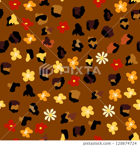 Leopard print with flowers and palm leaves. Leopard print with flowers and palm leaves. 128674724