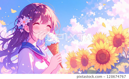 夏天蔚藍的天空和涼爽的刨冰下，盛開的向日葵。清爽的構圖，透亮閃耀，令人心曠神怡。 128674767