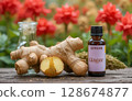 ginger  essential oil  bottles against blossoming  garden. Ai generated 128674877