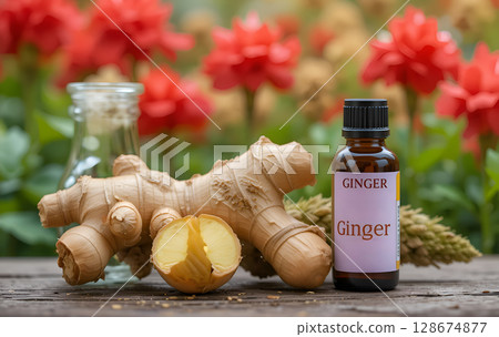 ginger  essential oil  bottles against blossoming  garden. Ai generated 128674877