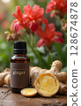 ginger  essential oil  bottles against blossoming  garden. Ai generated 128674878