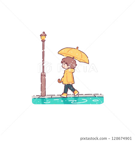 變形的觸感，撐著傘走路的男孩的插圖，沒有雨，沒有背景，材料，雨季 128674901