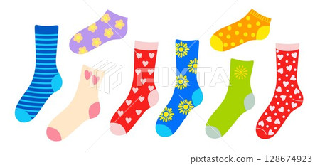 Warm knit socks set cozy autumn or fall clothes doodle hand drawn illustration, woollen or cotton footwear with various ornament, fashionable trendy accessory for seasonal themed design, decor Warm knit socks set cozy autumn or fall clothes doodle hand drawn illustration, woollen or cotton footwear with various ornament, fashionable trendy accessory for seasonal themed design, decor 128674923
