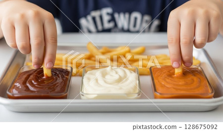 Dipping French Fries into Three Different Sauces on Baking Tray Hands Holding Potato Stick 128675092