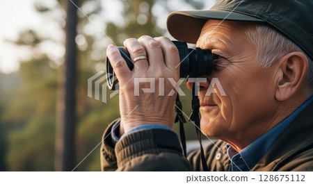 Senior Wildlife Photographer in Forest Wearing Cap Observing Nature Through Binoculars at Golden Hour 128675112