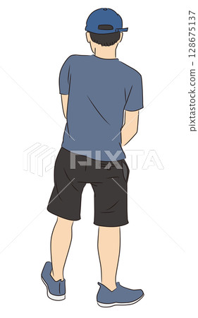 Back view of a young man in a T-shirt and shorts 128675137