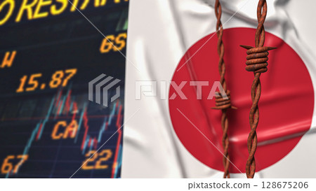 The Japan Flag and barbed wire for Business crisis concept 3d Rendering. 128675206