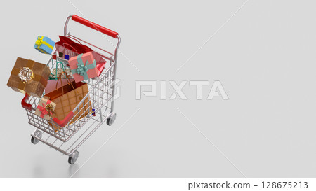 The Gift box  in Shopping cart for marketing or business concept 3d Rendering. 128675213