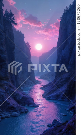 A fantasy river canyon with a glowing full moon at twilight 128675260