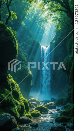 Sunbeams shining on a waterfall in a deep, mossy forest gorge 128675261
