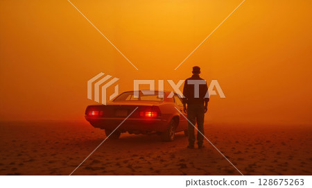 Silhouette of a man standing next to a vintage car in a hazy, orange post-apocalyptic desert 128675263