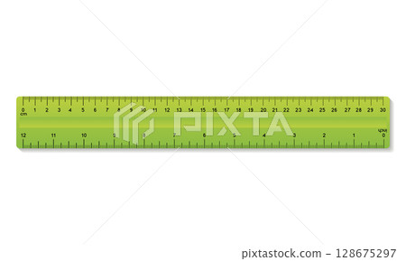 Green School Ruler Measurement Tool Vector Illustration with Shadow Isolated on White Background 128675297