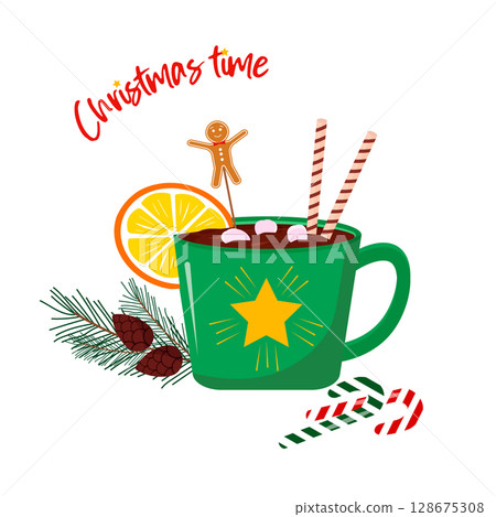 Festive Christmas drink. Green cup with hot drink, gingerbread man and marshmallow. Christmas and New Year, holidays and vacations. 128675308