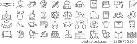 Set of monochrome line icons about higher education in vector 128675536