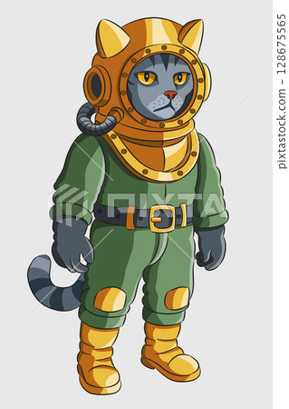 Cat in vintage diving suit isolated on white background Cat in vintage diving suit isolated on white background 128675565