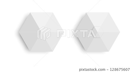 Awnings overhead view. Gazebo parasols in hexagon shape. Event or beach sunshades. Stand marquees with shadows. Market canopy mockups isolated on white background. Vector realistic illustration Awnings overhead view. Gazebo parasols in hexagon shape. Event or beach sunshades. Stand marquees with shadows. Market canopy mockups isolated on white background. Vector realistic illustration 128675607