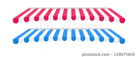 Set of shop awning. Striped store canopy design. Market tent with red, blue and white stripes isolated on white background. Terrace marquee. Cafe facade sunshade. Kiosk umbrella. Vector illustration 128675608