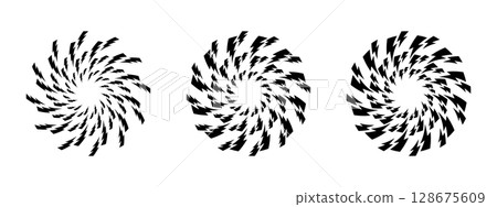 Bolt swirled silhouettes. Black thunderbolt signs in circular tornado arrangement isolated on white background. Flash, energy, danger or shock cartoon symbols. Vector graphic illustration Bolt swirled silhouettes. Black thunderbolt signs in circular tornado arrangement isolated on white background. Flash, energy, danger or shock cartoon symbols. Vector graphic illustration 128675609