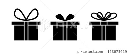 Set of gift box silhouettes. Symbols of present packages with ribbon bows isolated on white background. Holiday, birthday or other festive event concept. Vector graphic illustration Set of gift box silhouettes. Symbols of present packages with ribbon bows isolated on white background. Holiday, birthday or other festive event concept. Vector graphic illustration 128675619