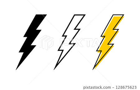 Collection of bolt icons. Thunderstorm signs isolated on white background. Lightning, flash light, energy or battery charge symbols. Dramatic or danger anime pictograms. Vector graphic illustration Collection of bolt icons. Thunderstorm signs isolated on white background. Lightning, flash light, energy or battery charge symbols. Dramatic or danger anime pictograms. Vector graphic illustration 128675623