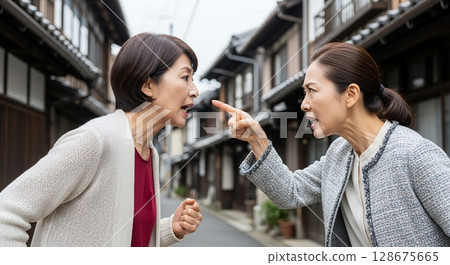 Two middle-aged women arguing violently 128675665
