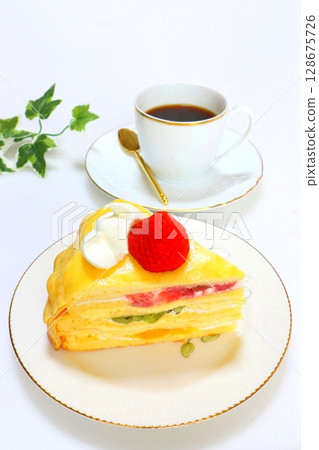 Crepe cake and coffee (vertical composition) Crepe cake and coffee (vertical composition) 128675726