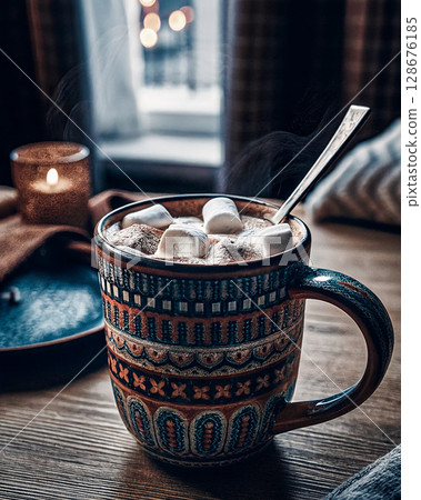 用波西米亞風格的杯子喝加棉花糖的咖啡 128676185