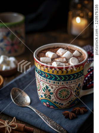 用波西米亞風格的杯子喝加棉花糖的咖啡 128676186