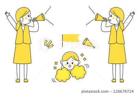 Illustration of a woman in uniform cheering with a megaphone 128676724