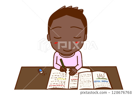 (Front view of upper body) An African-American boy studying with a smile and having fun 128676768