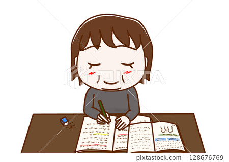 (Front upper body) A fat woman smiling and studying hard 128676769