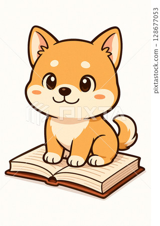 可愛的棕色小狗坐在一本書上 128677053