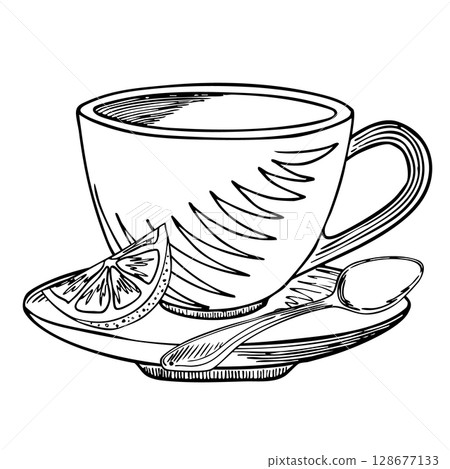 Vector cup with saucer, lemon slices and spoon. Black and white for coloring. Hand drawn illustration, black and white outline, for posters, postcards and design  128677133