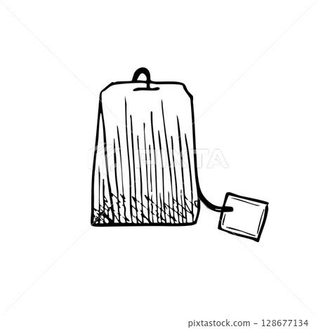 Vector tea bag. Hand drawn illustration, black and white outline for posters, postcards and design Vector tea bag. Hand drawn illustration, black and white outline for posters, postcards and design 128677134