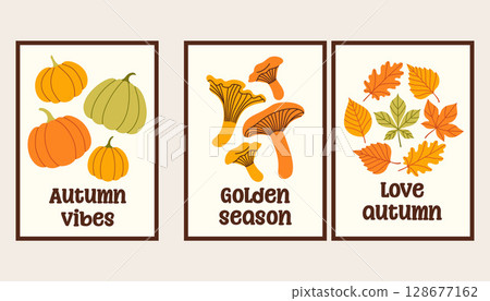 Autumn simple poster set. Fall flyer doodle set. Vectical banner autumn elements. Autumn interior design poster, end of season promo template. Vector illustration. 128677162